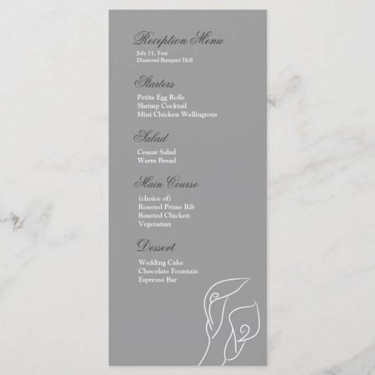 White & Silver Calla Lelies Receptie Menu (Voorkant)