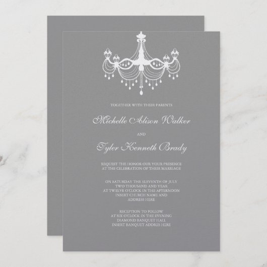 White & Silver Chandelier Invitation Kaart (Voorkant / Achterkant)