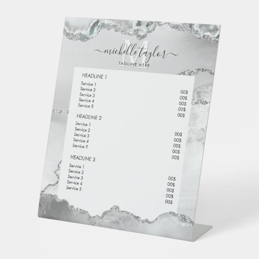 White Silver Chic Price List Service Monogram Reclamebord Met Voetstuk (Voorkant)