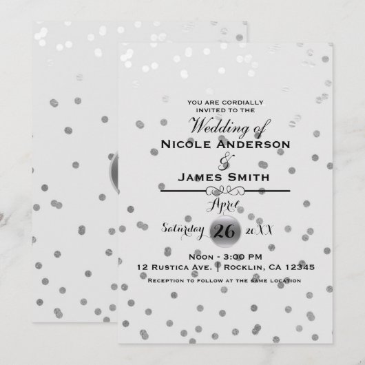 White Silver Confetti Stippen Elegant Modern Weddi Kaart (Voorkant / Achterkant)