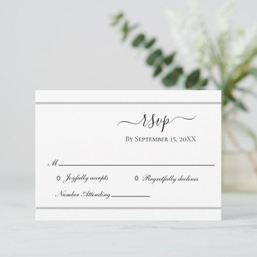 White Silver Elegant Formal Wedding RSVP Kaart (Staand voorkant)