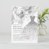 White & Silver Floral Wedding Dress Vrijgezellenfe Kaart (Staand voorkant)