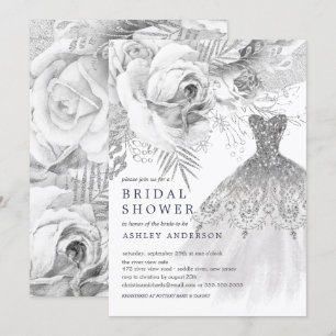 White & Silver Floral Wedding Dress Vrijgezellenfe Kaart