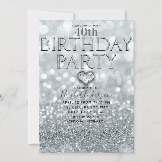 White Silver Glitter Bokeh Glam Birthday Party Kaart (Voorkant)
