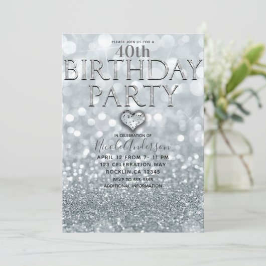 White Silver Glitter Bokeh Glam Birthday Party Kaart (Staand voorkant)