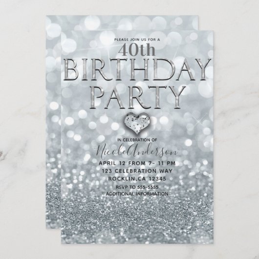 White Silver Glitter Bokeh Glam Birthday Party Kaart (Voorkant / Achterkant)