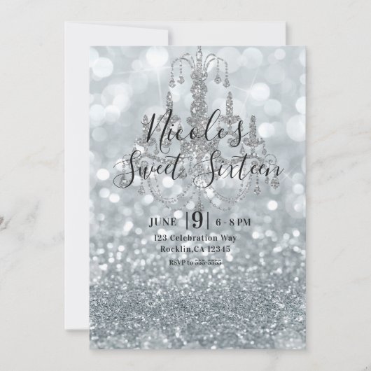 White Silver Glitter Bokeh Glam Chandelier Party Kaart (Voorkant)