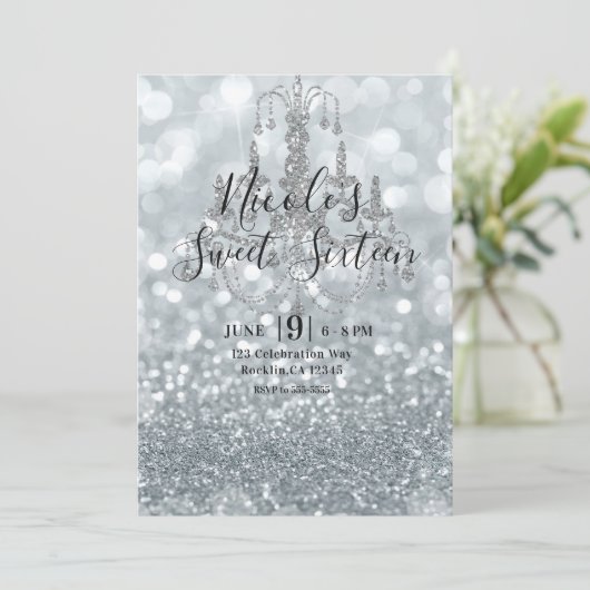 White Silver Glitter Bokeh Glam Chandelier Party Kaart (Staand voorkant)