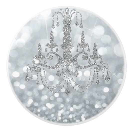 White Silver Glitter Bokeh Glam Chandelier Sparkle Keramische Knop (Voorkant)