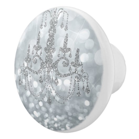 White Silver Glitter Bokeh Glam Chandelier Sparkle Keramische Knop (Rechts)