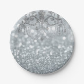 White Silver Glitter Bokeh Glam Chandelier Sparkle Papieren Bordje (Voorkant)