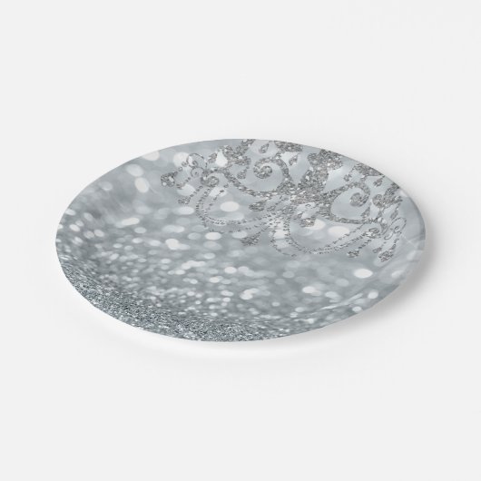 White Silver Glitter Bokeh Glam Chandelier Sparkle Papieren Bordje (Gekanteld)