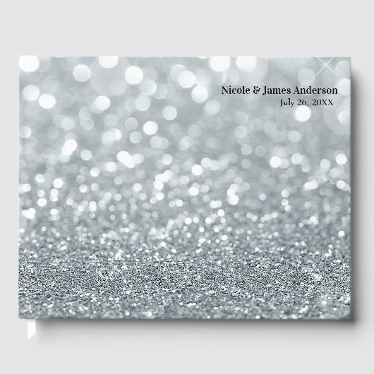 White Silver Glitter Bokeh Glam Sparkle Wedding Gastenboek (Voorkant)