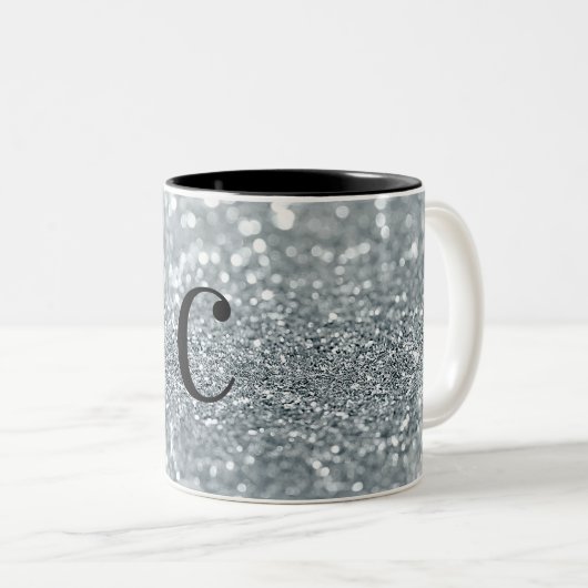 White Silver Glitter Bokeh Glam Trendy Sparkle Tweekleurige Koffiemok (Voorkant rechts)