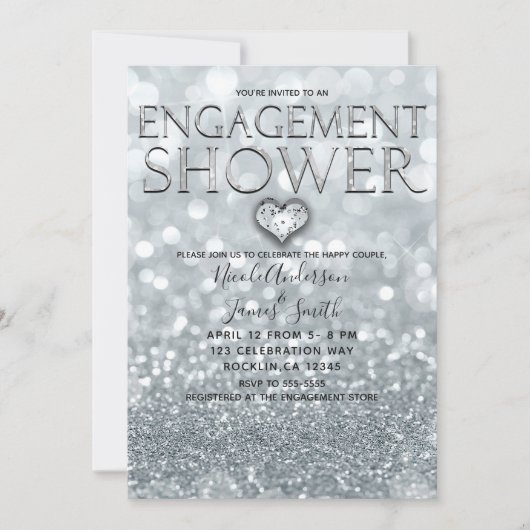 White Silver Glitter Bokeh Glam Verloving Douche Kaart (Voorkant)