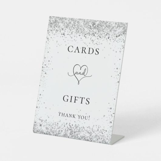 White Silver Glitter bruiloft gastkaartcadeaus Reclamebord Met Voetstuk (Voorkant)