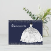 White Silver Glitter Dress Quinceanera Party Kaart (Staand voorkant)