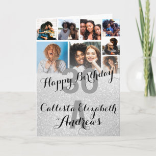 White Silver Glitter Photo Collage Happy Birthday Kaart