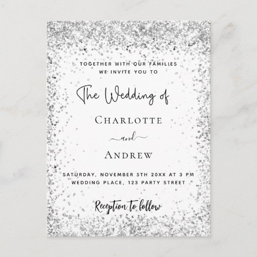 White Silver Glitter-script bruiloft Uitnodiging Briefkaart (Voorkant)