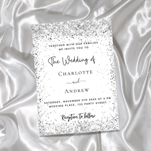 White Silver Glitter-script bruiloft Uitnodiging Briefkaart
