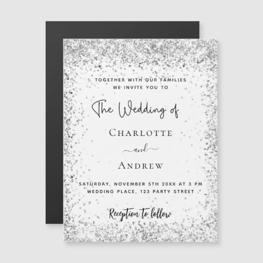 White Silver Glitter script luxe bruiloft Magnetische Uitnodiging (Voorkant / Achterkant)