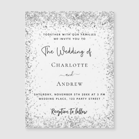White Silver Glitter script luxe bruiloft Magnetische Uitnodiging (Voorkant)