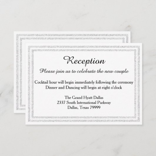 White Silver Glitter Trim Reception Invition Informatiekaartje (Voorkant / Achterkant)