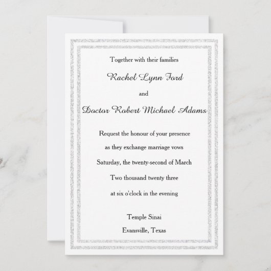 White Silver Glittered Trim -5x7Wedding Uitnodigin Kaart (Voorkant)