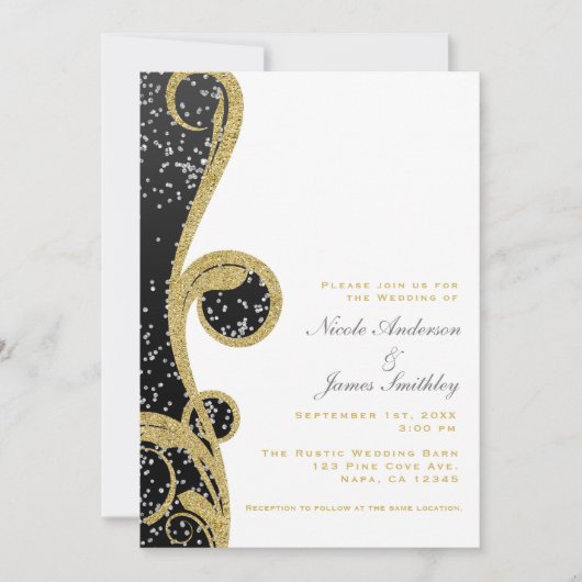 White Silver Gold Black Elegant Swirl Wedding Kaart (Voorkant)