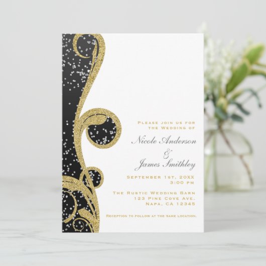 White Silver Gold Black Elegant Swirl Wedding Kaart (Staand voorkant)