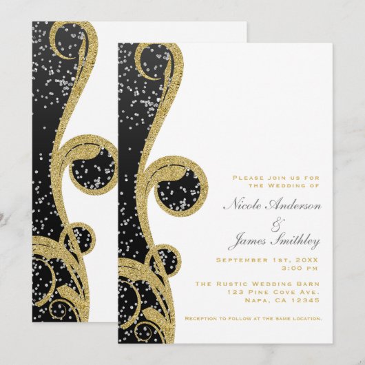 White Silver Gold Black Elegant Swirl Wedding Kaart (Voorkant / Achterkant)