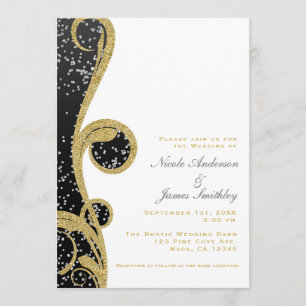 White Silver Gold Black Elegant Swirl Wedding Kaart