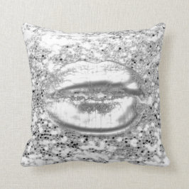 White Silver Grey Glitter Kiss Lips Makeup Sparkly Kussen
