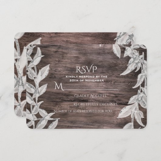 White Silver Leaves Rustic Wood Herfst Elegant RSV RSVP Kaartje (Voorkant / Achterkant)