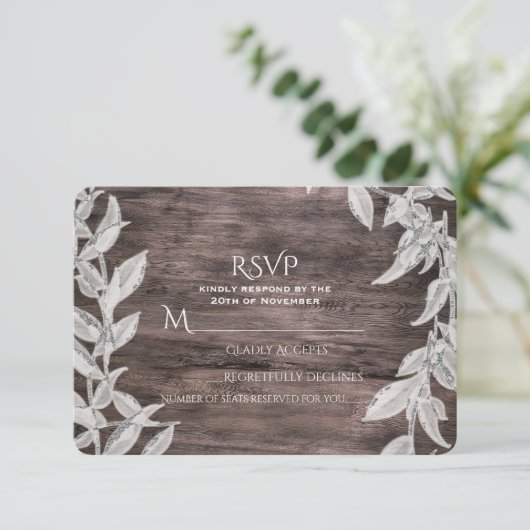 White Silver Leaves Rustic Wood Herfst Elegant RSV RSVP Kaartje (Staand voorkant)