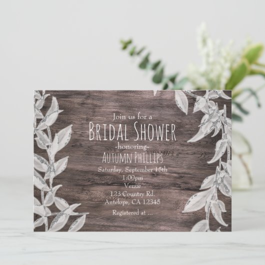 White & Silver Leaves Winter Wedding Rustic Kaart (Staand voorkant)