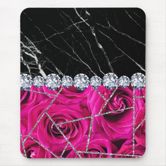 White Silver Marble Roos Black Glitter Muismat (Voorkant)
