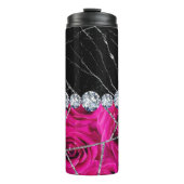 White Silver Marble Roos Black Glitter Thermosbeker (Voorkant)