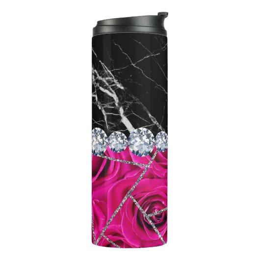 White Silver Marble Roos Black Glitter Thermosbeker (Gedraaid links)