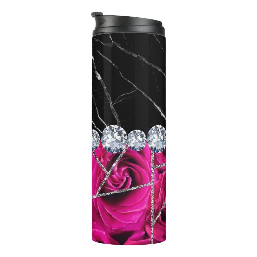 White Silver Marble Roos Black Glitter Thermosbeker (Geroteerd rechts)