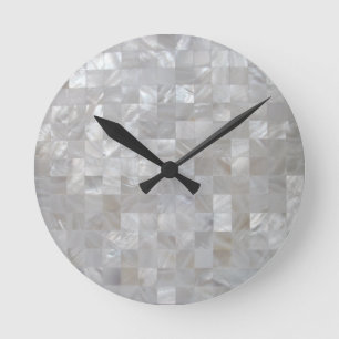White Silver Moeder Pearl Print Tiled Ronde Klok
