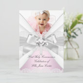 White Silver Pink Foto First Heilige Communie Kaart (Staand voorkant)