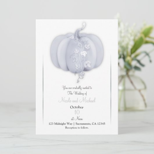 White Silver Pumpkin Storybook Chic Fall Wedding Kaart (Staand voorkant)