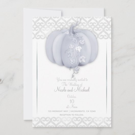 White Silver Pumpkin Storybook Hearts Fall Wedding Kaart (Voorkant)