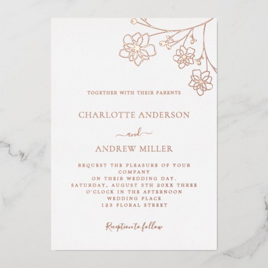 White Silver roos Gold floral elegant bruiloft Folie Uitnodiging (Voorkant)