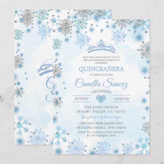 White Silver Snowflake Kerstmis Sweet 16th Invite Kaart (Voorkant / Achterkant)