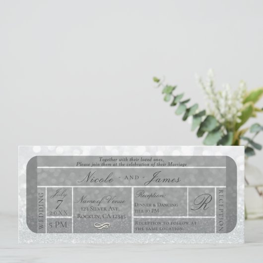 White Silver Sparkle Glitter VIP Ticket Wedding Kaart (Staand voorkant)