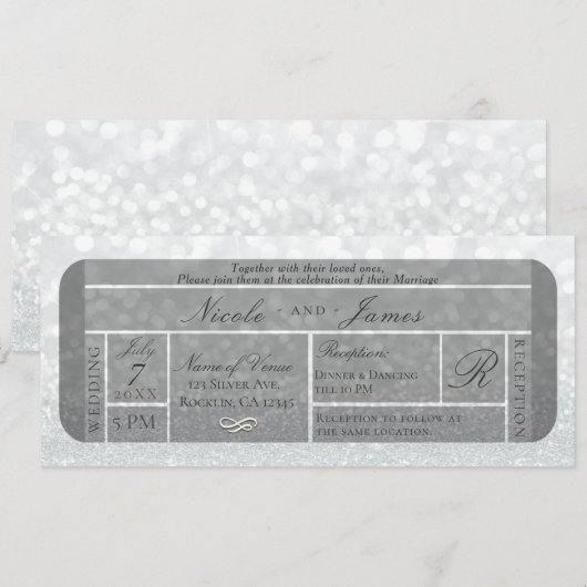 White Silver Sparkle Glitter VIP Ticket Wedding Kaart (Voorkant / Achterkant)
