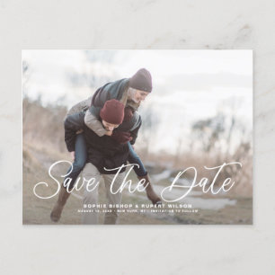 White Simple Calligraphy Save the Date Photo Aankondigingskaart