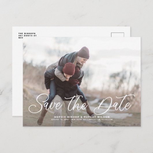 White Simple Calligraphy Save the Date Photo Aankondigingskaart (Voorkant / Achterkant)